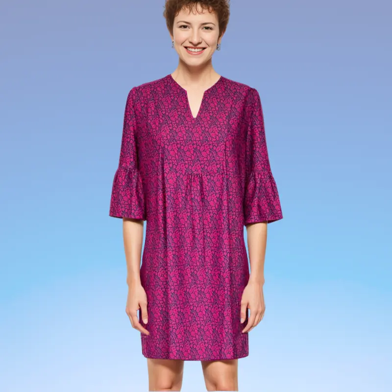Greenwich Tunic Dress Ditsy Leaves Navy Cranberry Print Katherine Way